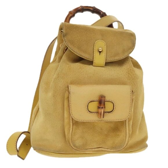 GUCCI Bamboo Backpack Suede Leather Yellow Gold 003 2058 0030 Auth bs19589 - Picture 1 of 16